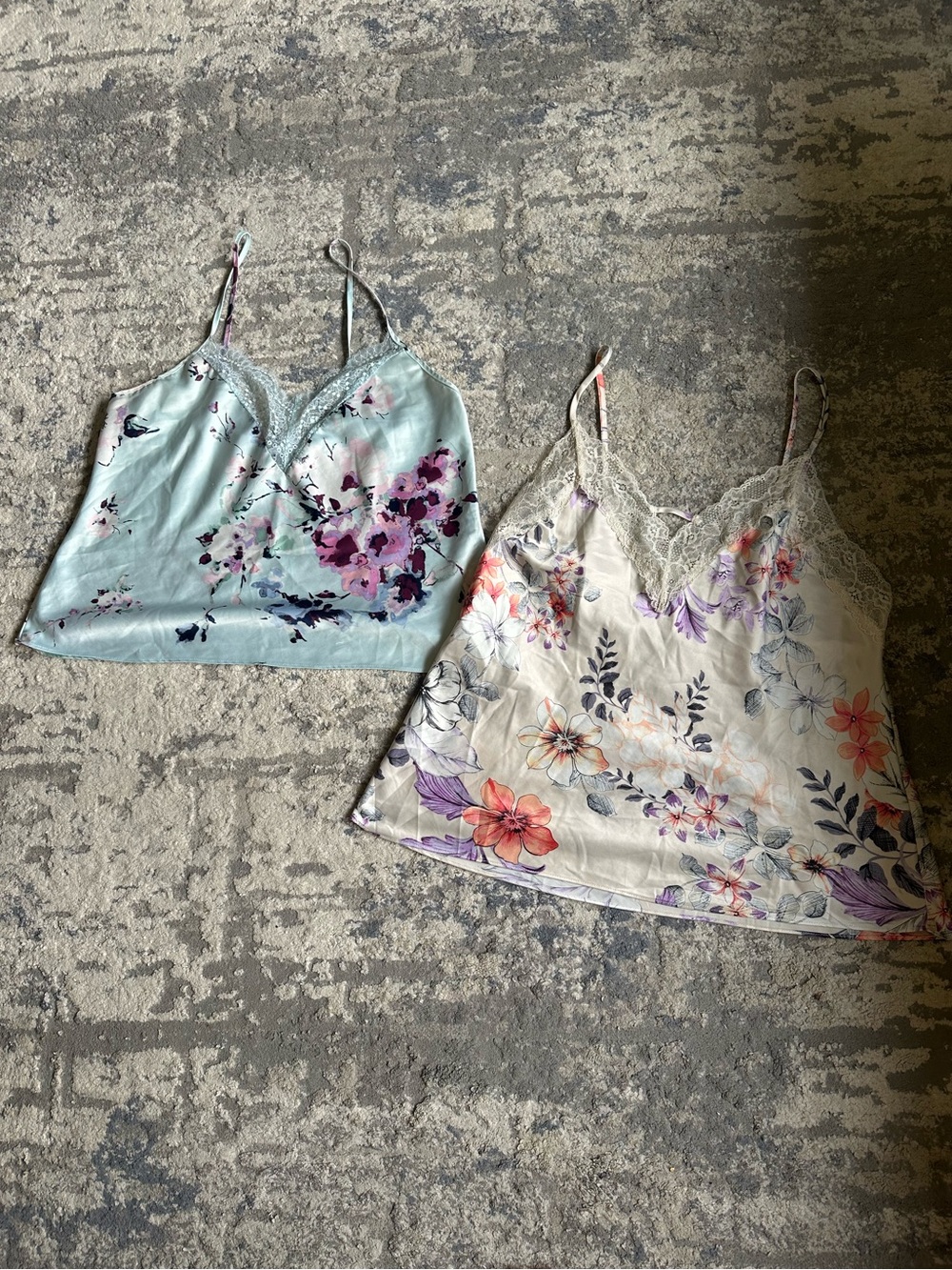 Floral Lace Trim Satin Cami Set - Mint and Cream Large